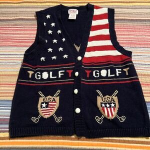 Vintage PBJ Sport USA Golf American‎ Flag VEST Knit Patriotic M/M Ramie